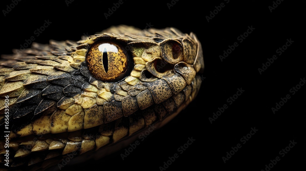 Fototapeta premium Close-up venomous snake head, profile view, dark background, wildlife