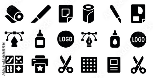 Graphic design solid icons set – filled, print, and layout symbols
