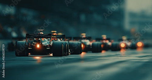 Formula race cars in a row on a wet track at night
