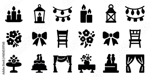 Wedding and celebration silhouette icons set – romantic, event, love symbols
