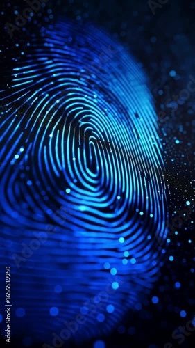 A glowing digital fingerprint scan. Concept for cybersecurity, biometric authentication, data protection, and the future of personal identity.