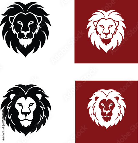 Set of Lion Head Silhouette Logos – Bold Animal Emblem Collection in Black and Red Variations