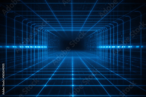 Glowing blue digital grid tunnel receding into darkness with perspective lines abstract background