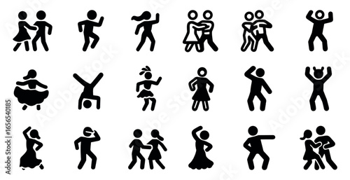 Dance and movement silhouette icons set – solid, lively, energetic dance symbols