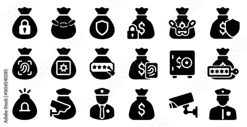 Money and security silhouette icons set – solid, filled, protection and finance symbols