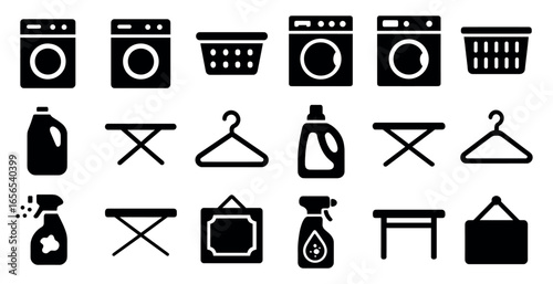 Laundry and cleaning solid icons set – filled, household and chore symbols
