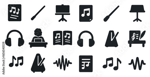 Music and audio solid icons set – filled, black silhouette sound symbols