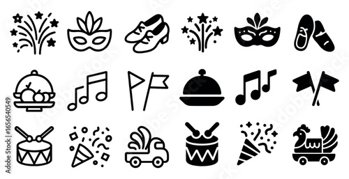 Festival and celebration solid icons set – filled, party, holiday symbols