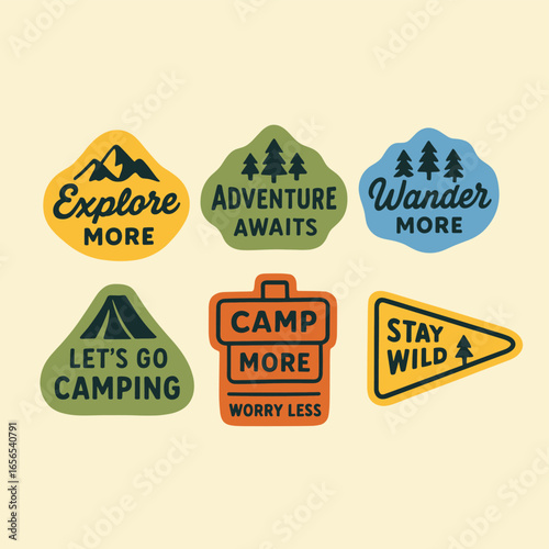 Outdoor adventure badge set featuring camping quotes and forest illustrations. Nature Camping Graphic Design Elements. Perfect for t-shirt designs, stickers, travel gear, or hiking-themed merchandise.