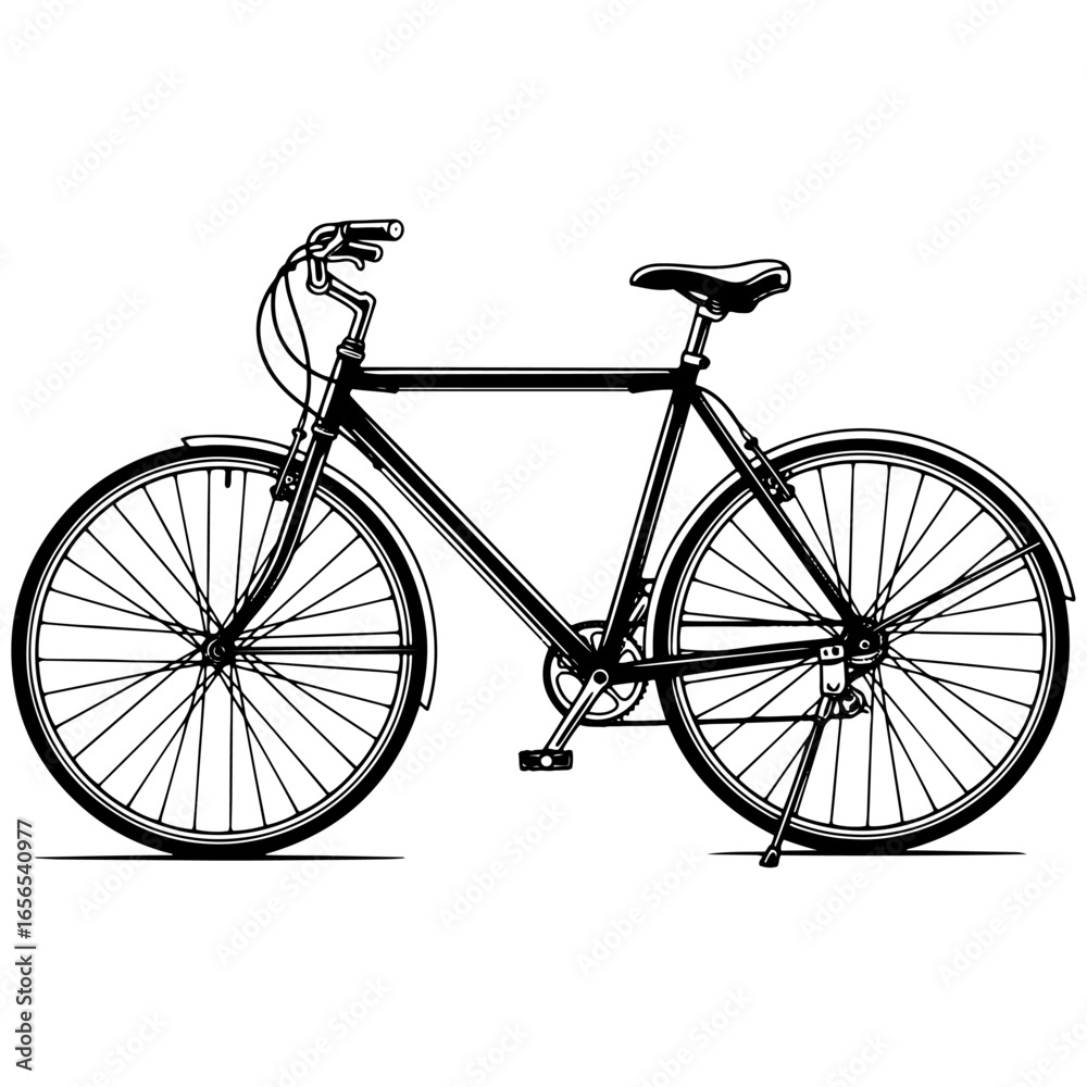 Obraz premium A classic black and white vector illustration of a city bicycle with fenders and a kickstand, featuring clean lines and a functional design.