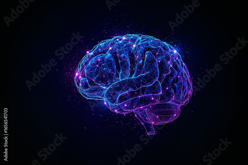 Glowing blue and purple digital brain with interconnected nodes and particles technology science