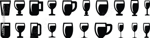 Drinkware icon set, glass cup mug wine goblet beer collection in flat style, black silhouette group, bar utensil bundle, beverage container pack, drink synonym vector