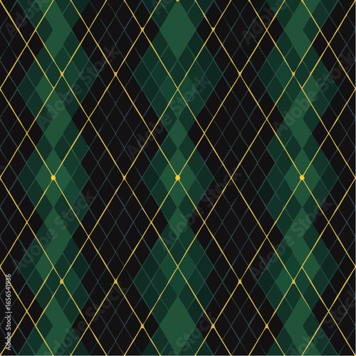 Argyle vector pattern. Dark green with thin slim golden dotted line. Seamless vivid geometric background for fabric, textile, men clothing, wrapping paper.