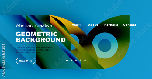 Bright website header displays geometric shapes, text, navigation options. Modern design promotes creative portfolio presentation.