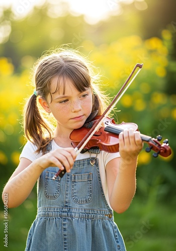 Adorable young girl plays her violin with earnest dedication in a sunlit natural setting, her musical journey illuminated by golden light and artistic aspiration.