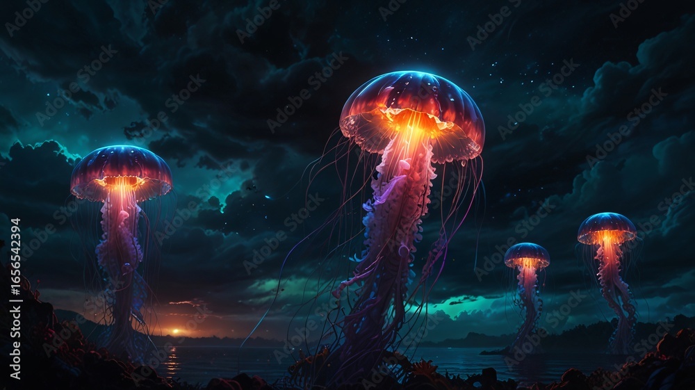 Naklejka premium Glowing Jellyfish Creature in Dark Sky Fantasy Digital Art V4