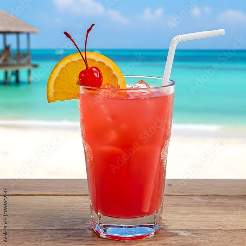
A glass of vibrant tropical cocktail with a cherry and orange slice on a wooden table, with a blurred beach and ocean background.