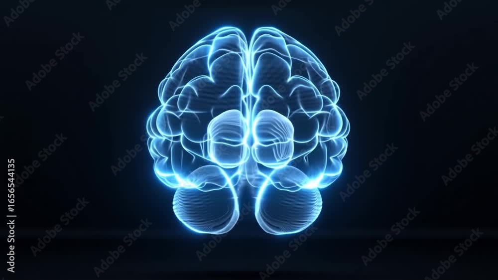 Glowing blue hologram rotating against dark background, revealing intricate human brain structure with precise neurological details and anatomical complexity