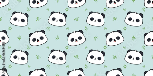 Cute sleepy panda with bamboo leaf seamless pattern , vector illustration