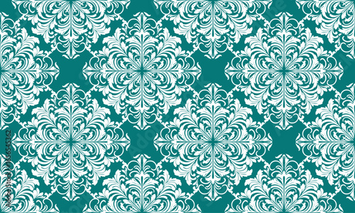 Elegant Teal Damask Floral Print, seamless floral texture, elegant damask pattern, featuring swirling, carpet floral tiles vector design, wall art decoration, floor decoration, ceramic design.