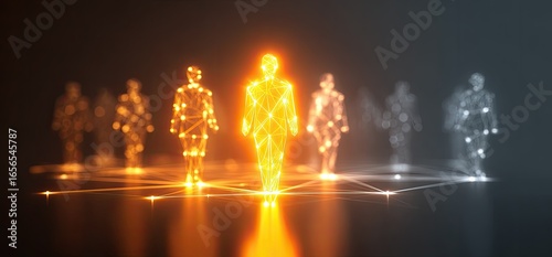 Abstract glowing figures interconnected on dark background
