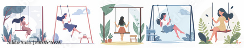 set of vector women playing on swings