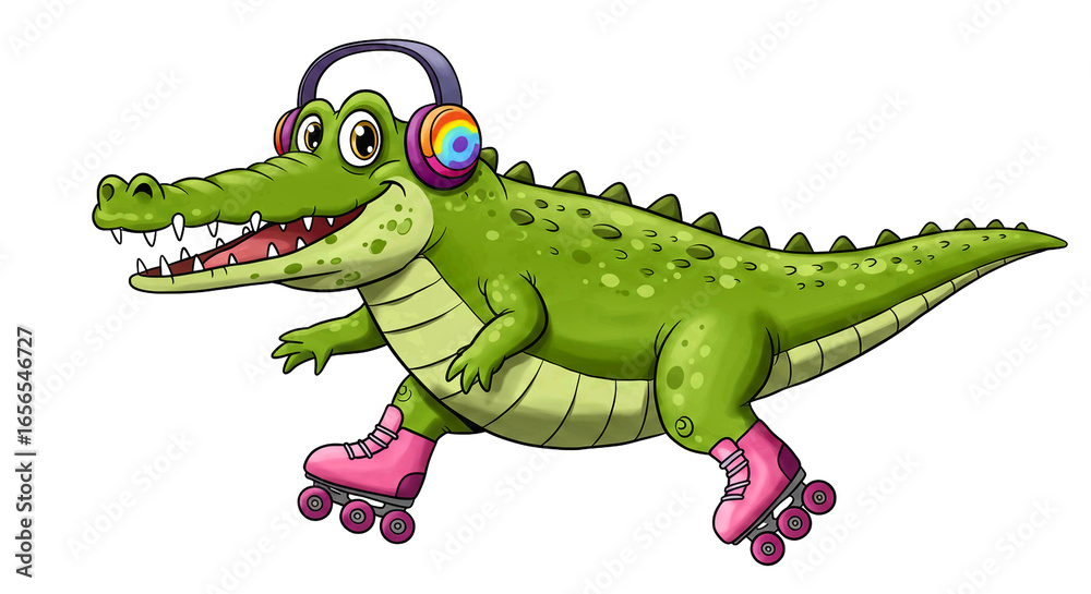 Naklejka premium Crocodilo Cartoon Divertido Patinando Sobre Rodas