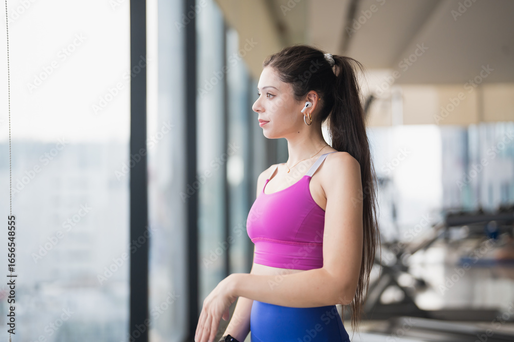 Healthy Young Hispanic Gen Z Woman in Sportswear Shaping Body for Confidence and Weight Loss at Gym.
