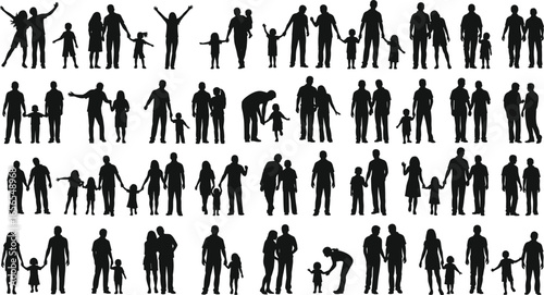 silhouette family collection, adults and children, walking standing holding hands, diverse poses, relationship concept, lifestyle theme, human connection, design background illustration