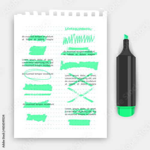 Highlighter pen and paper with highlighted text and markings