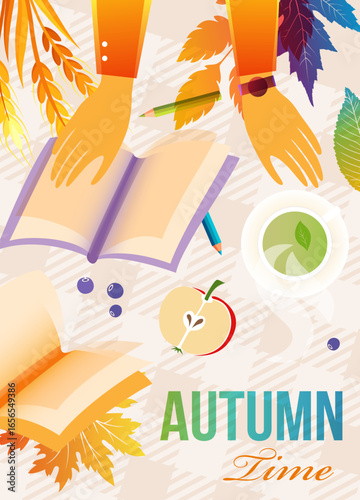 Autumn time picnic. Colorful poster. Hands with books on the tablecloth with tea and fruits and fall leaves. Vector illustration.