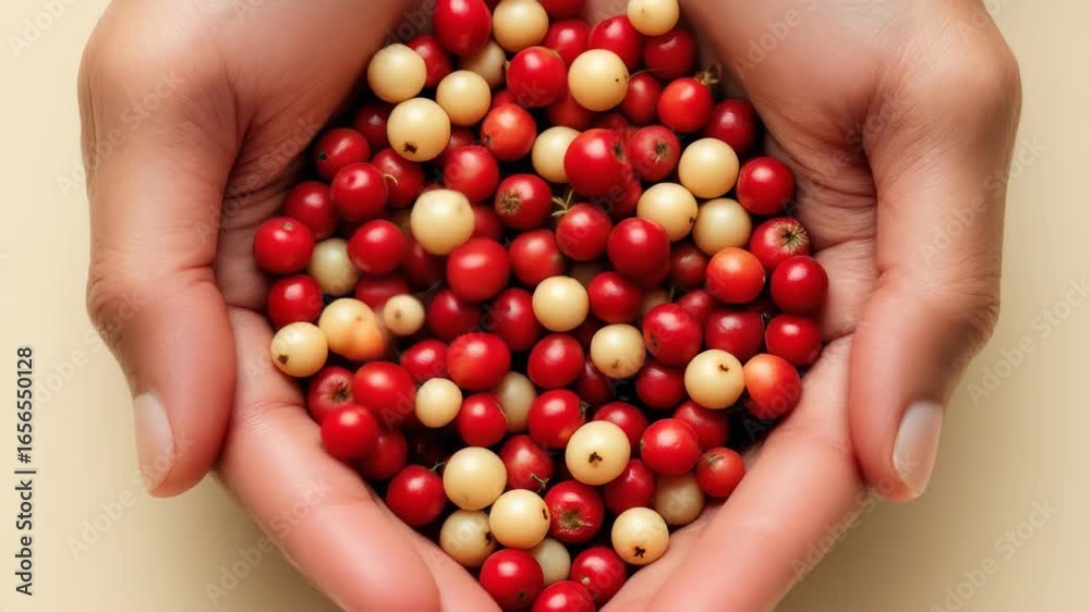 Close-up of hands holding a colorful mix of ripe red and cream-colored berries Close-up of hands holding a colorful mix of ripe red and cream-colored berries