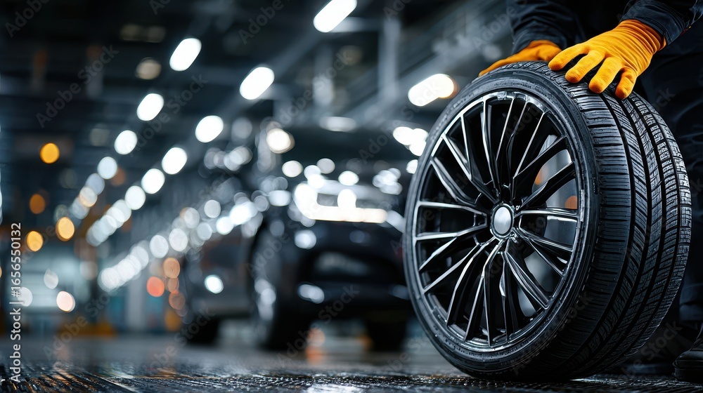 Fototapeta premium Mechanic Holding New Car Tire in Auto Repair Shop, Vehicle Maintenance