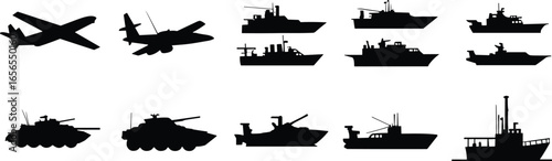 silhouette military vehicles, airplanes in flight, tanks side view, warships and patrol boats, naval fleet, defense concept, transportation illustration, design background