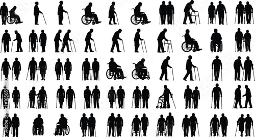 silhouette mobility aids, wheelchair walker cane, disabled people, accessibility concept, inclusive design, diverse activities, lifestyle theme, creative illustration, social inclusion background