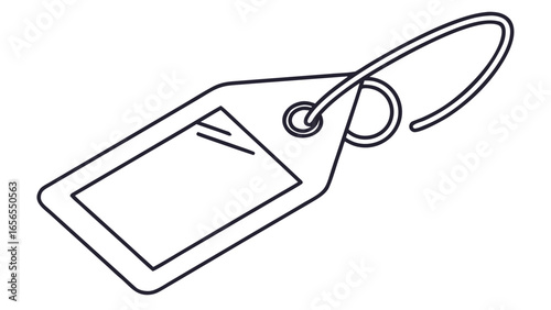 Outline drawing of a luggage tag with a clear window and a looped string attachment on a white background