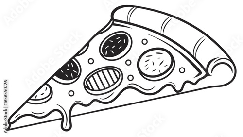 A slice of pizza with pepperoni and other toppings in a black and white outline drawing style image