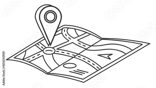 Outline of a map with roads and a location pin showing a specific destination on the road network layout