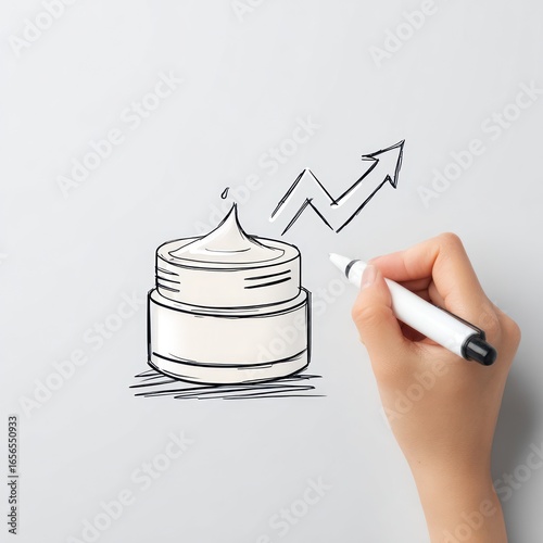 Hand-drawn sketch of a cream jar with an upward trending arrow