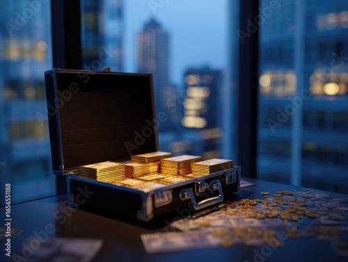 Business briefcase with gold bars