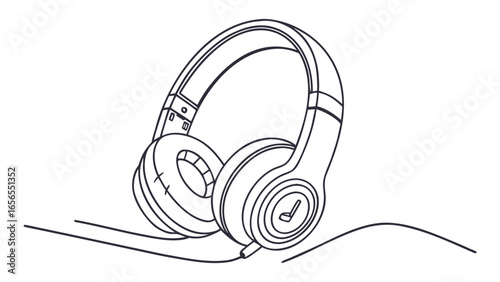 Outline drawing of over ear headphones with visible cord resting on a flat surface in black and white
