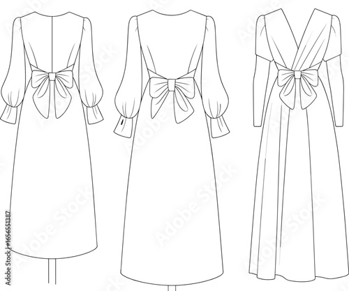 Elegant women’s dress flat sketch, long sleeve bow back design, back and side view, technical CAD drawing, fashion vector illustration