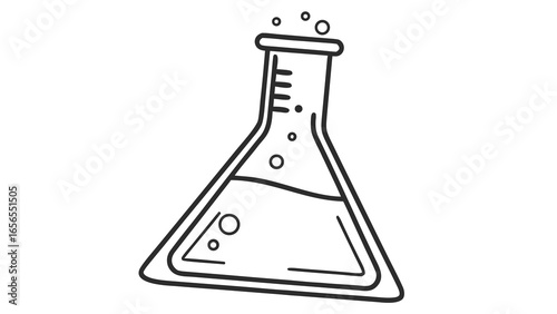 Outline drawing of a flask with liquid and bubbles for science and chemistry experiments and education use