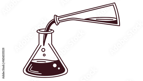 Liquid being poured from a beaker into a flask with bubbles inside, in a scientific experiment setup