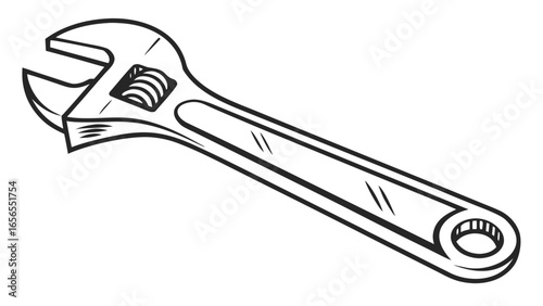 Illustration of an adjustable wrench with a hole at the end and an adjustable jaw, in black and white
