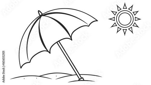 A simple line drawing of a beach umbrella on sand with a sun in the upper right corner of the image
