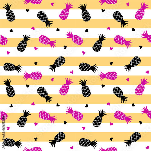 Seamless summer tropical pineapple pattern on striped background. Vector background for fabric, print, cover, parer, wallpaper