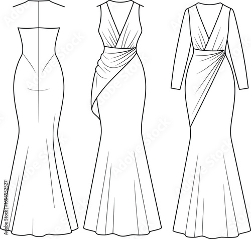 Elegant women’s evening gown flat vector CAD illustration featuring strapless, sleeveless, and long-sleeve versions with draped waist detailing