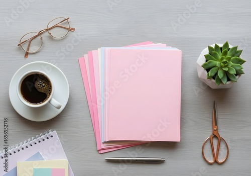 A brown cup of morning coffee sits on a wooden desk with a notebook, pen, and glasses, ready for a productive day of work-Office workstation decoration. 