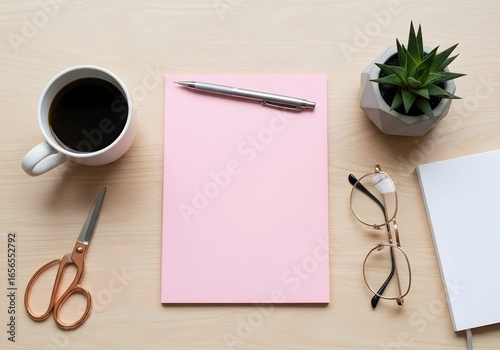 A blank notebook with a pen and a brown mug of coffee on a wooden desk. An office workstation decoration.